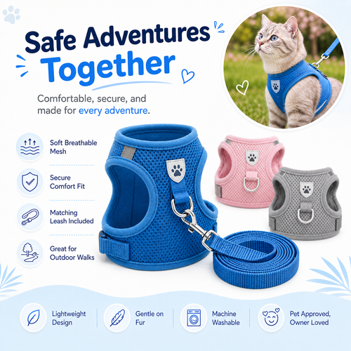 Cat Harness with Leash, Breathable Mesh Kitten Harness Set, Soft Adjustable Pet Vest Harness for Kittens & Small Cats, Comfortable Walking Harness with Lead, Multiple Colors