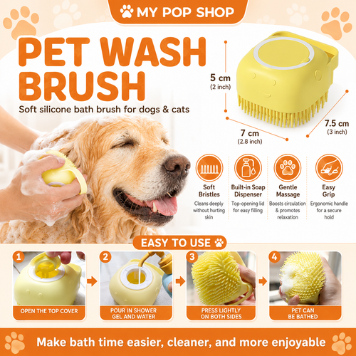 Pet Bath Brush with Shampoo Dispenser, Soft Silicone Dog & Cat Grooming Brush, Refillable Bath Scrubber for Pets, Gentle Massage Cleaning Brush for Dogs, Cats, Puppies & Kittens, Yellow