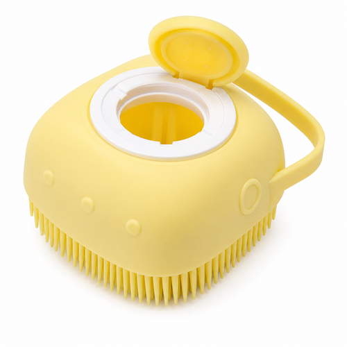 Pet Bath Brush with Shampoo Dispenser, Soft Silicone Dog & Cat Grooming Brush, Refillable Bath Scrubber for Pets, Gentle Massage Cleaning Brush for Dogs, Cats, Puppies & Kittens, Yellow