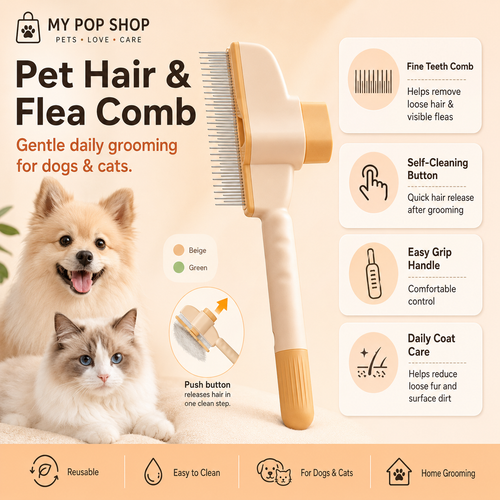 Pet Hair & Flea Comb for Dogs and Cats, Grooming Brush with Fine Teeth, Self-Cleaning Button, Helps Remove Loose Hair, Grip Pet Comb for Puppies, Kittens & Small Pets