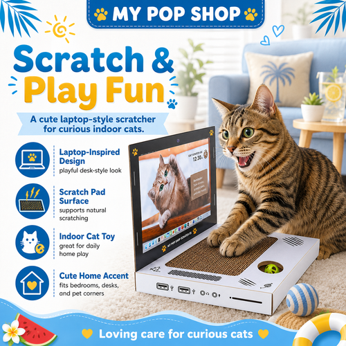 Laptop Style Cat Scratcher, Cardboard Scratch Pad Toy for Indoor Cats, Cute Cat Scratch Board with Play Area, Corrugated Scratching Pad for Kittens & Cats, Fun Desk Style Cat Toy