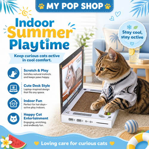 Laptop Style Cat Scratcher, Cardboard Scratch Pad Toy for Indoor Cats, Cute Cat Scratch Board with Play Area, Corrugated Scratching Pad for Kittens & Cats, Fun Desk Style Cat Toy