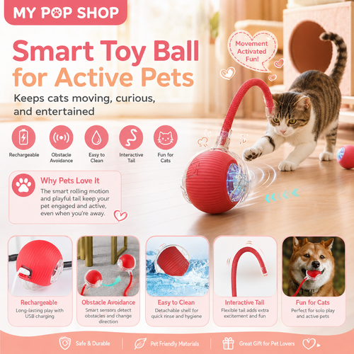 Interactive Cat Toy Ball, 2 Pack LED Rolling Cat Toys with Teaser Tail, Indoor Exercise Toy for Cats & Kittens, Fun Chase Ball for Play, Pouncing, Hunting Instinct & Daily Activity