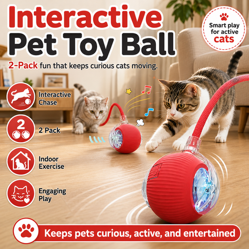 Interactive Cat Toy Ball, 2 Pack LED Rolling Cat Toys with Teaser Tail, Indoor Exercise Toy for Cats & Kittens, Fun Chase Ball for Play, Pouncing, Hunting Instinct & Daily Activity